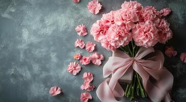 Delicate pink carnations beautifully arranged with a gift box adorned with ribbon photo