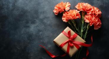 Elegant gift wrapped in gold with red ribbon alongside fresh coral carnations on dark background photo
