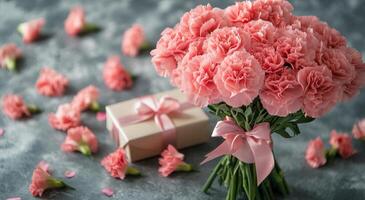 Delicate pink carnations beautifully arranged with a gift box adorned with ribbon photo