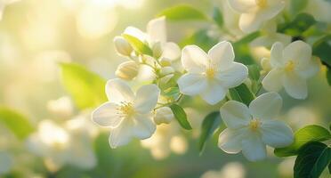 White flowering plants basking in warm sunlight during a serene spring afternoon photo