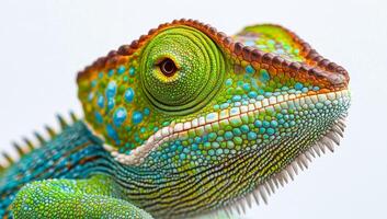 Colorful chameleon displaying vibrant patterns on its scales in natural light photo