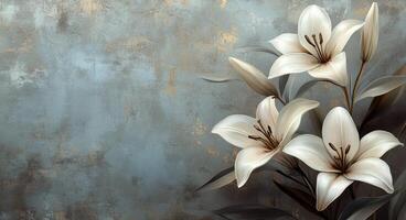 Elegant white lilies gracefully arranged against a textured blue background in soft lighting photo