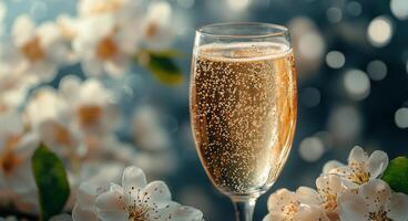 Celebratory drink of sparkling wine with blossoms in the background during a spring gathering photo