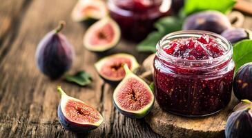 Homemade fig jam with fresh figs displayed on a rustic wooden table photo