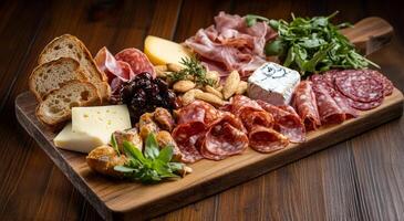 A well-arranged charcuterie board featuring assorted meats and cheeses on a wooden platter photo