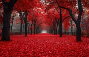 Vibrant red leaves blanket a serene pathway in an autumn park during a cloudy day photo