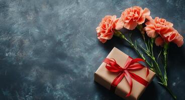 Elegant gift wrapped in gold with red ribbon alongside fresh coral carnations on dark background photo