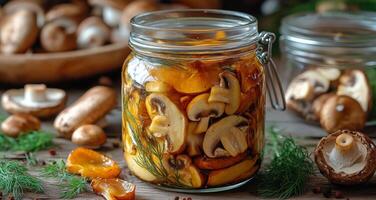Deliciously preserved mushrooms in a jar on a rustic wooden table with fresh herbs photo