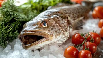 Fresh fish laid on ice with vibrant tomatoes and greens ready for culinary preparation photo