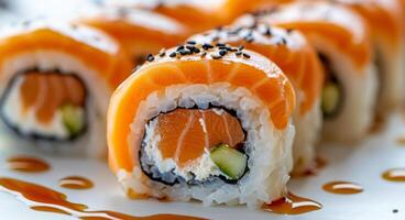 Fresh sushi rolls with salmon and sesame drizzled with sauce on a plate photo