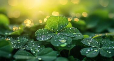 Morning dew glistens on green clover leaves in a sunlit garden during spring photo