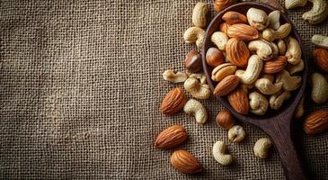 Mixed nuts on a wooden spoon arranged on burlap fabric background in natural lighting photo