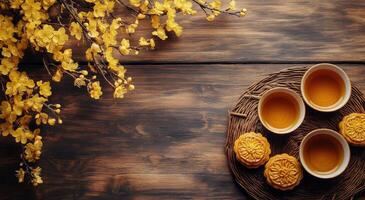 Delicious mooncakes and tea surrounded by yellow flowers on a rustic wooden table photo