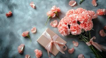 Delicate pink carnations beautifully arranged with a gift box adorned with ribbon photo