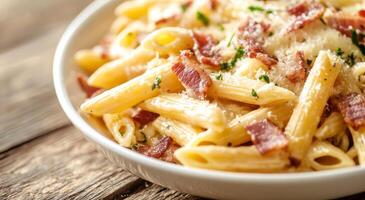 Creamy penne pasta with crispy bacon served in a bowl, perfect for a hearty meal at any time photo