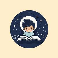 A boy reading a book in the night sky vector