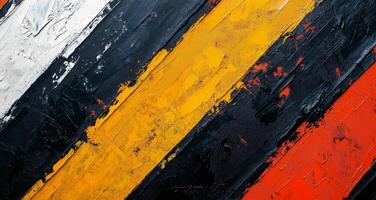 Colorful abstract painting with bold strokes of yellow, black, orange, and white on canvas photo