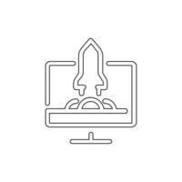 A line drawing of a computer screen with a rocket on it vector