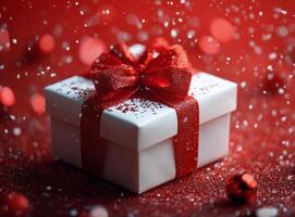 Festively wrapped gift box with red ribbon and confetti on a vibrant red background photo