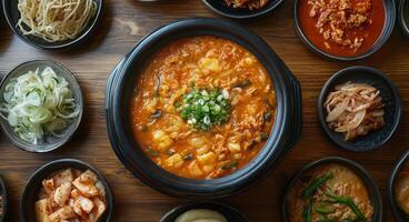 A vibrant Korean feast featuring stew, side dishes, and rice on a wooden table photo