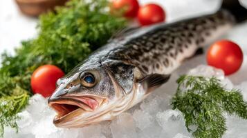 Fresh fish laid on ice with vibrant tomatoes and greens ready for culinary preparation photo