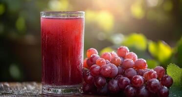 Refreshing sparkling grape juice served in glass beside fresh grapes in a sunlit garden photo
