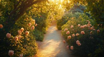 Blossoming roses line a sunlit garden path in the early evening light photo