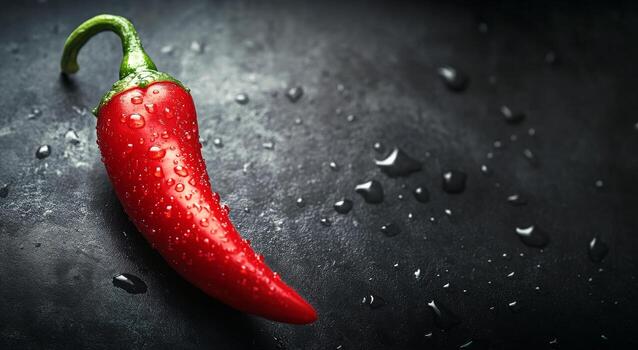 Fresh red chili pepper glistening with droplets on a dark background in a culinary setting photo