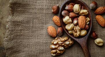 Mixed nuts on a wooden spoon arranged on burlap fabric background in natural lighting photo