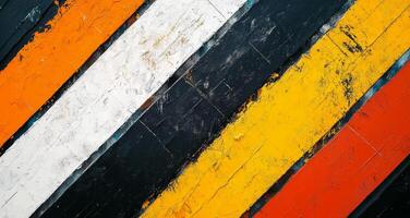 Colorful abstract painting with bold strokes of yellow, black, orange, and white on canvas photo