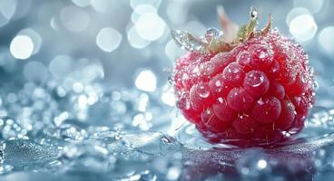 Fresh raspberry surrounded by water droplets on a reflective surface in soft natural light photo
