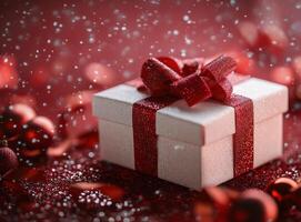 Festively wrapped gift box with red ribbon and confetti on a vibrant red background photo