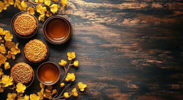 Delicious mooncakes and tea surrounded by yellow flowers on a rustic wooden table photo