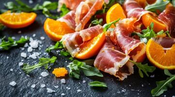 Delicious platter of prosciutto and oranges arranged on a slate board with fresh herbs photo