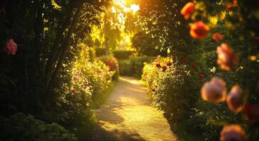 Blossoming roses line a sunlit garden path in the early evening light photo