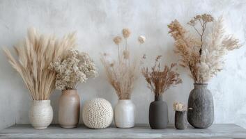 Decorative vases filled with dried flowers creating a cozy atmosphere in a well-lit room photo