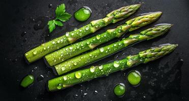 Freshly washed asparagus spears with water droplets on a dark background photo
