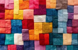 Colorful felt squares arranged in a vibrant patchwork pattern for crafting photo