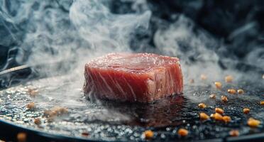 Grilled steak sizzling on a hot pan with spices and smoky aroma in a cozy kitchen photo