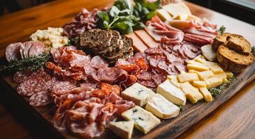 A well-arranged charcuterie board featuring assorted meats and cheeses on a wooden platter photo