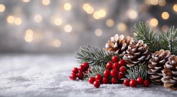 Winter decor with pinecones, holly berries, and twinkling lights on snow photo