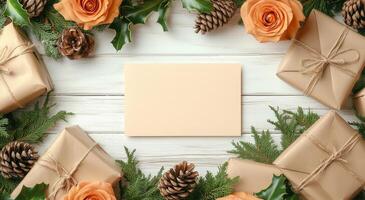 Holiday gifts and flowers on a rustic wooden surface create a festive display photo