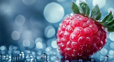 Fresh raspberry resting on a reflective surface with raindrops and soft lighting in the background photo