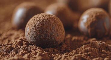 Chocolate truffles coated in cocoa powder arranged beautifully on a wooden surface photo