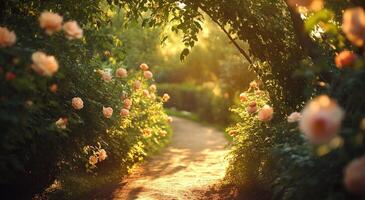 Blossoming roses line a sunlit garden path in the early evening light photo