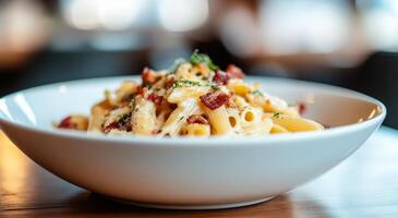 Creamy penne pasta with crispy bacon served in a bowl, perfect for a hearty meal at any time photo