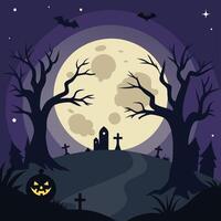 Halloween background with graveyard, graveyard, tombstone, moon, bats and trees vector