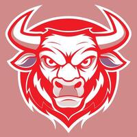 The head of an angry bull is shown in red and white vector