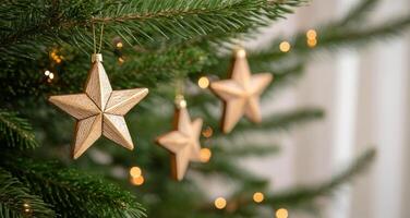 decorativo dorado estrellas colgando desde un festivo Navidad árbol adornado con calentar luces foto