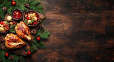 Festive dinner setting with roast chicken, sides, and decorations on a wooden table photo